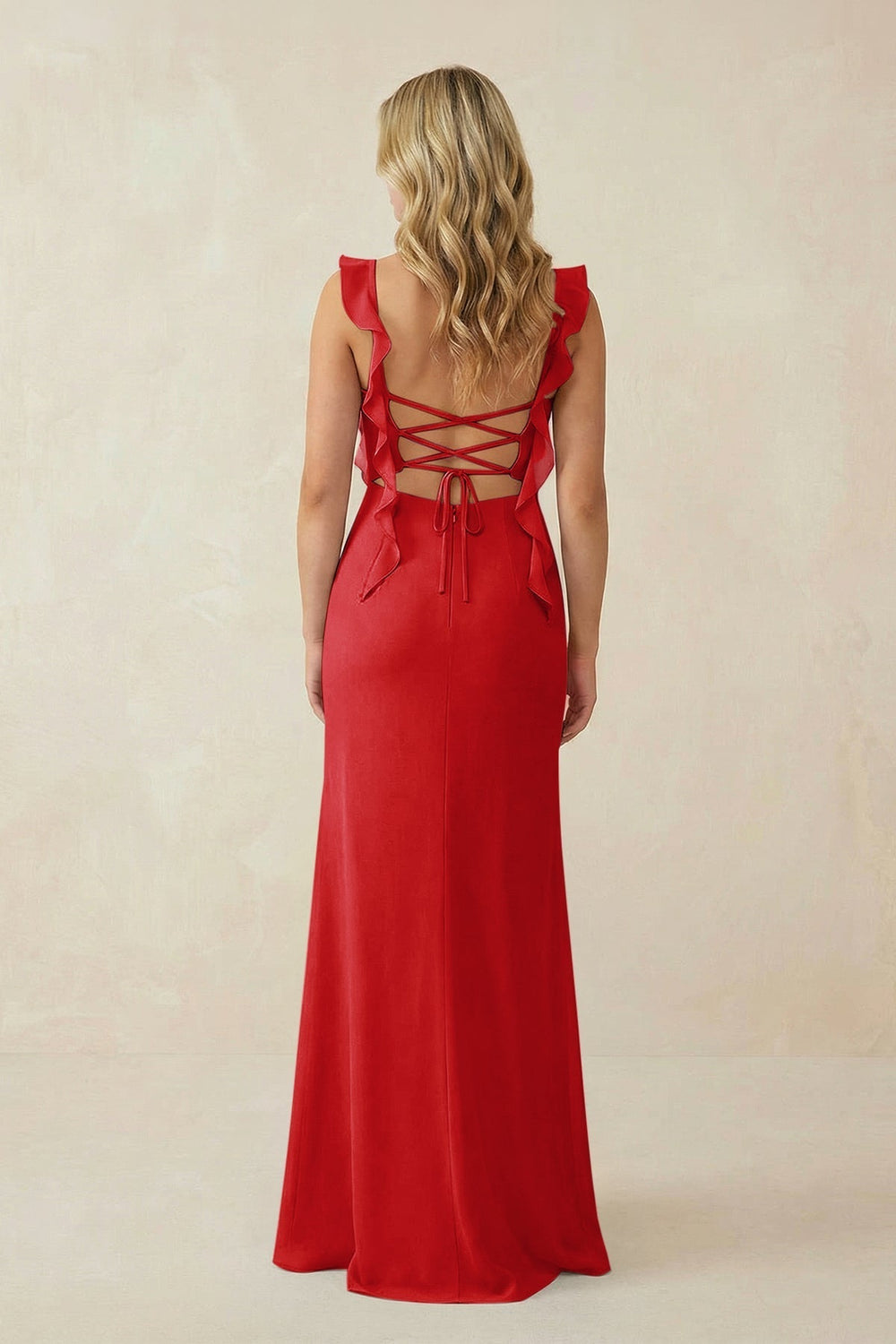 Ruffled Sleeve Ruched Sheath Chiffon Bridesmaid Dress in Ruby Red