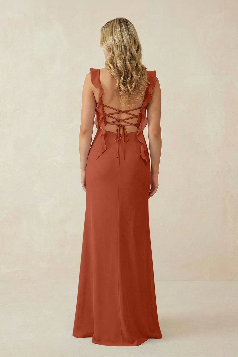 Ruffled Sleeve Ruched Sheath Chiffon Bridesmaid Dress in Spice