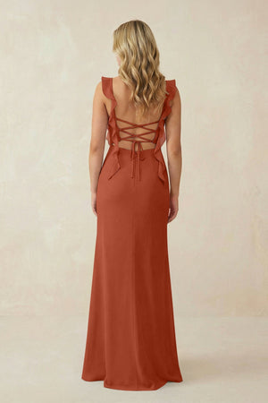 Ruffled Sleeve Ruched Sheath Chiffon Bridesmaid Dress in Spice - KISS BRIDAL BRIDESMAID DRESSES