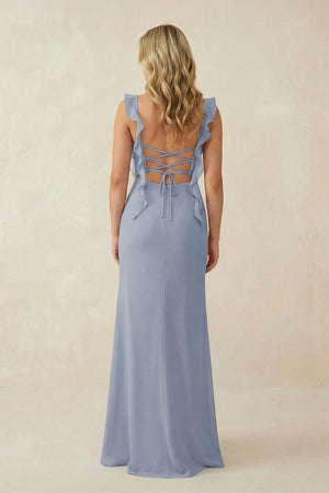 Ruffled Sleeve Ruched Sheath Chiffon Bridesmaid Dress in Twilight - KISS BRIDAL BRIDESMAID DRESSES