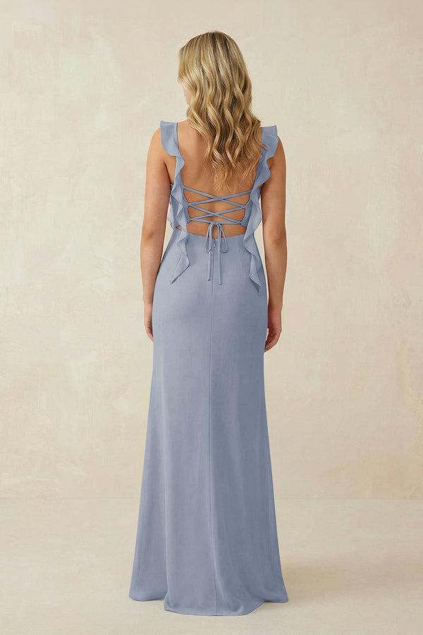 Ruffled Sleeve Ruched Sheath Chiffon Bridesmaid Dress in Twilight - KISS BRIDAL BRIDESMAID DRESSES