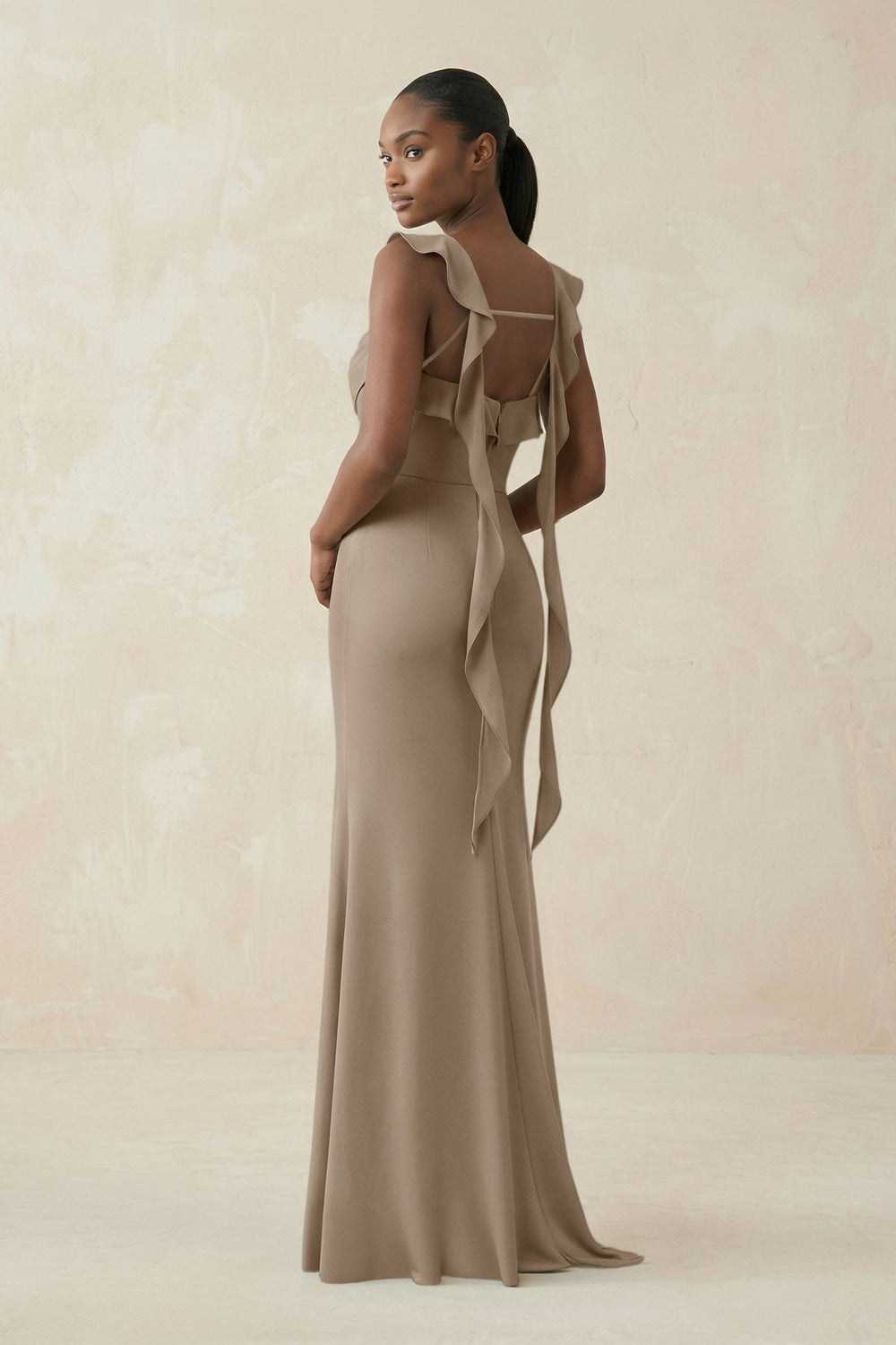 Ruffled Sleeve Sheath Satin Bridesmaid Dress in Almond