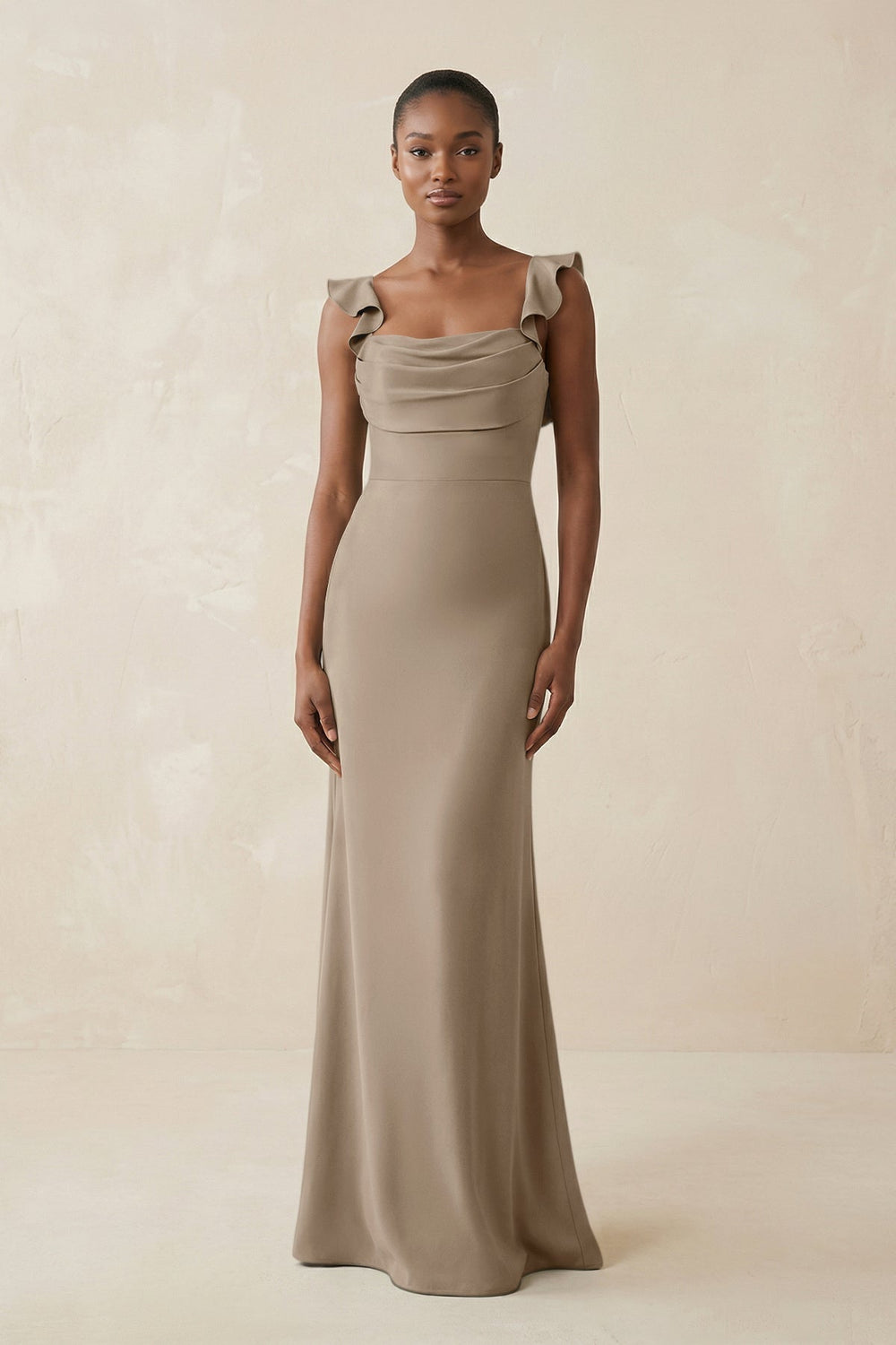 Ruffled Sleeve Sheath Satin Bridesmaid Dress in Almond