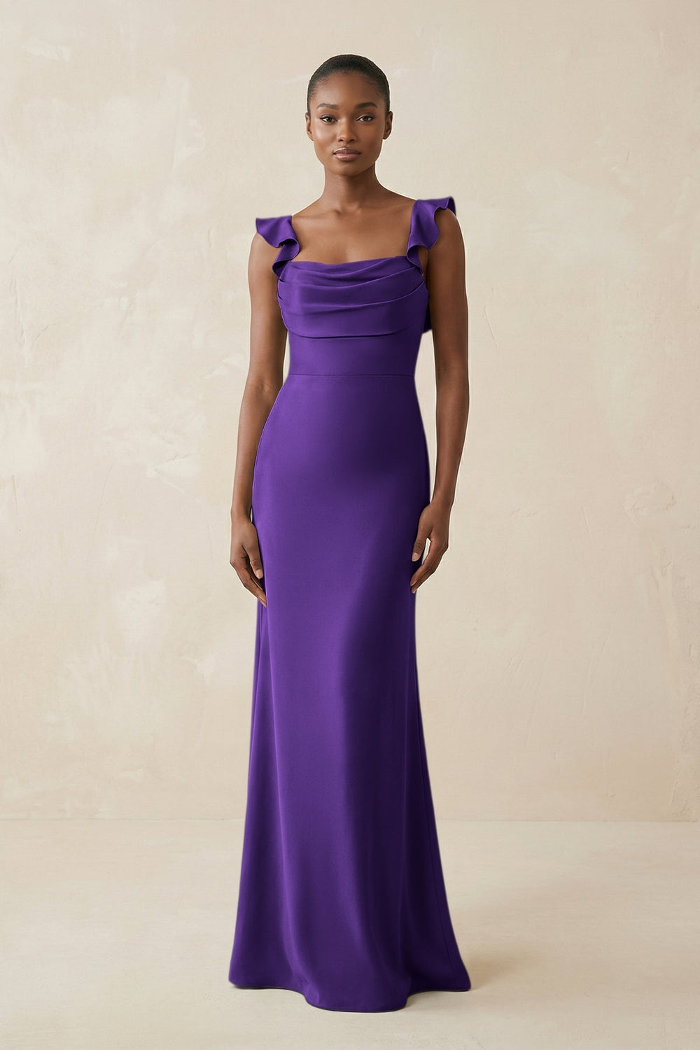 Ruffled Sleeve Sheath Satin Bridesmaid Dress in Amethyst