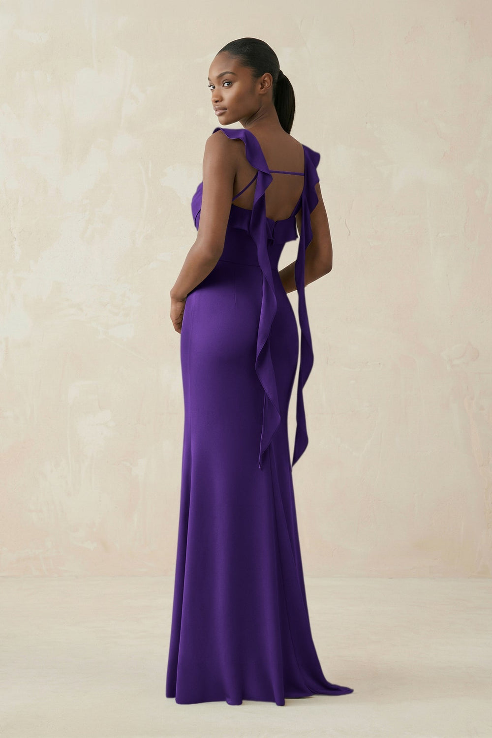 Ruffled Sleeve Sheath Satin Bridesmaid Dress in Amethyst