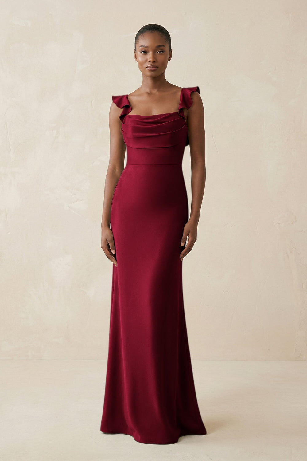Ruffled Sleeve Sheath Satin Bridesmaid Dress in Berry