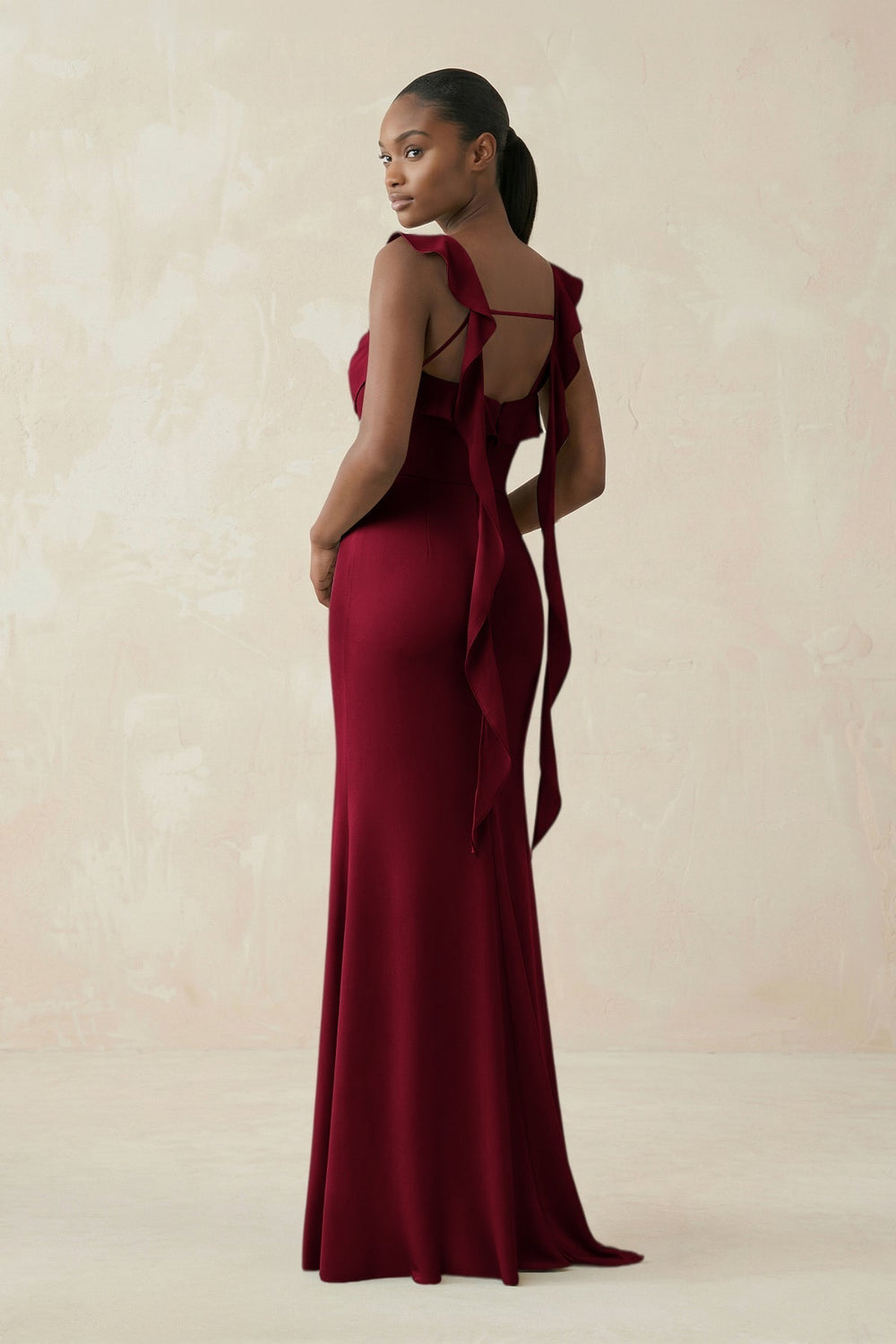 Ruffled Sleeve Sheath Satin Bridesmaid Dress in Berry
