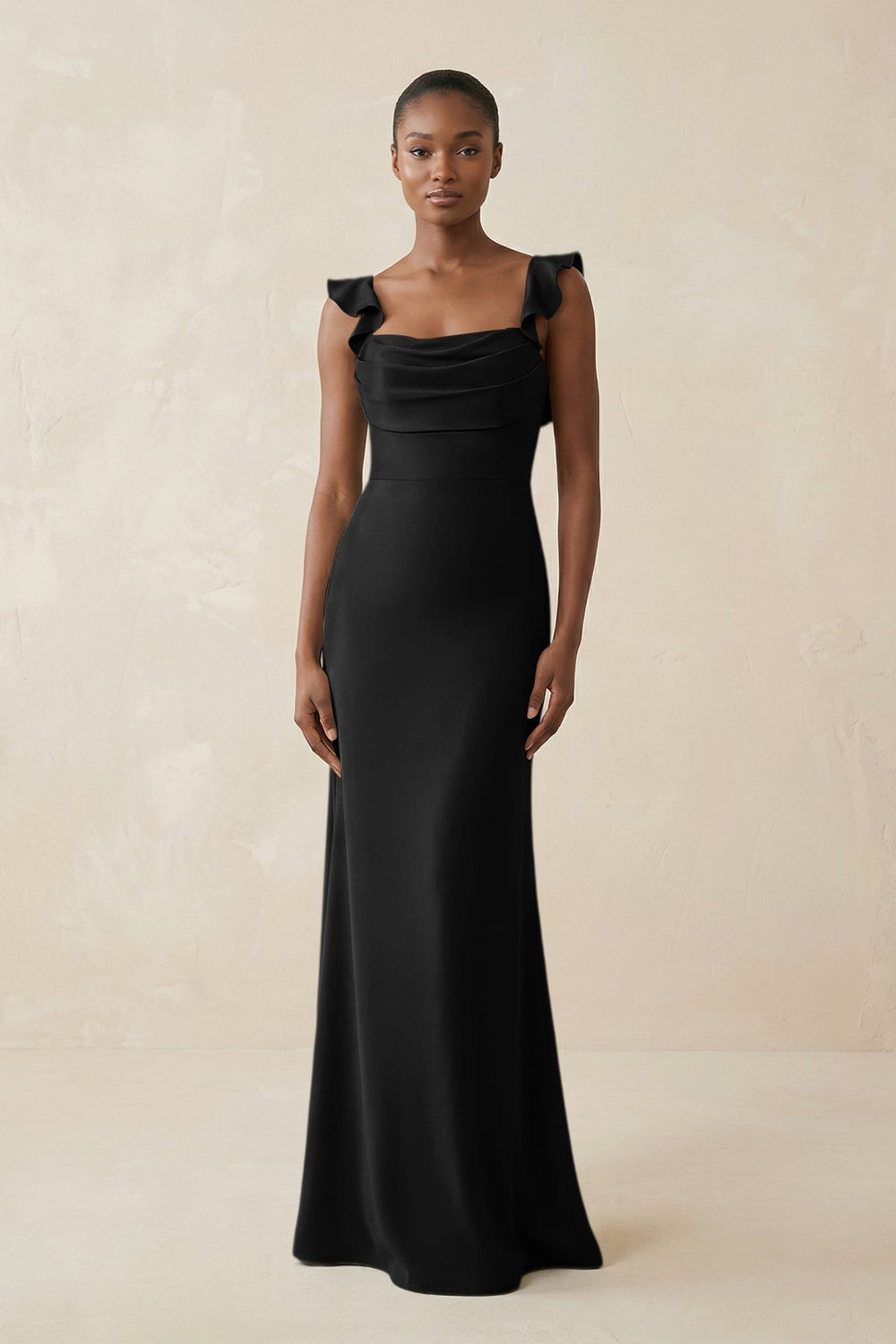 Ruffled Sleeve Sheath Satin Bridesmaid Dress in Black