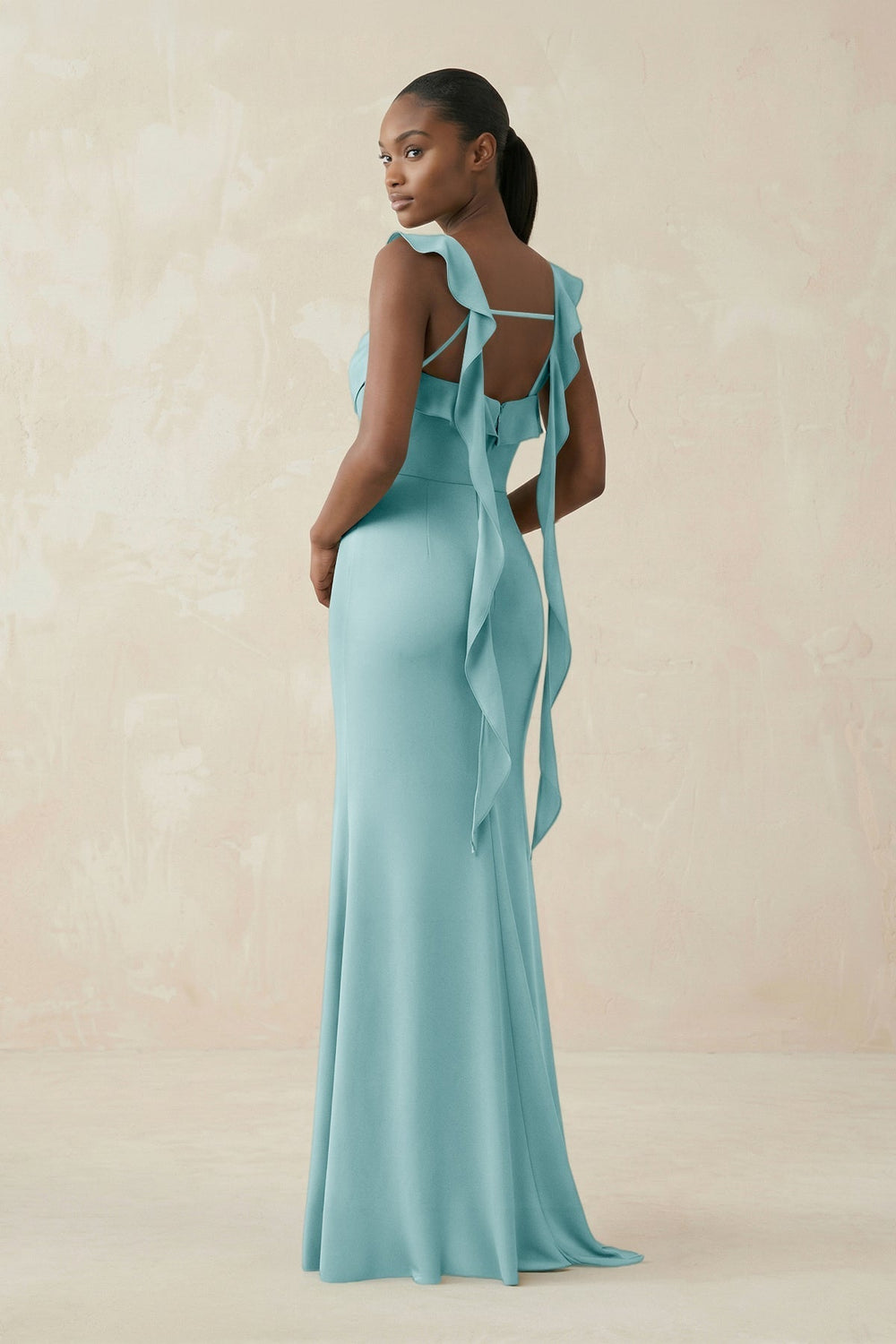 Ruffled Sleeve Sheath Satin Bridesmaid Dress in Bleached Aqua