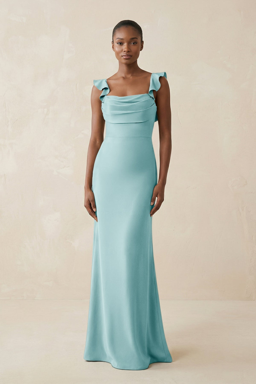 Ruffled Sleeve Sheath Satin Bridesmaid Dress in Bleached Aqua