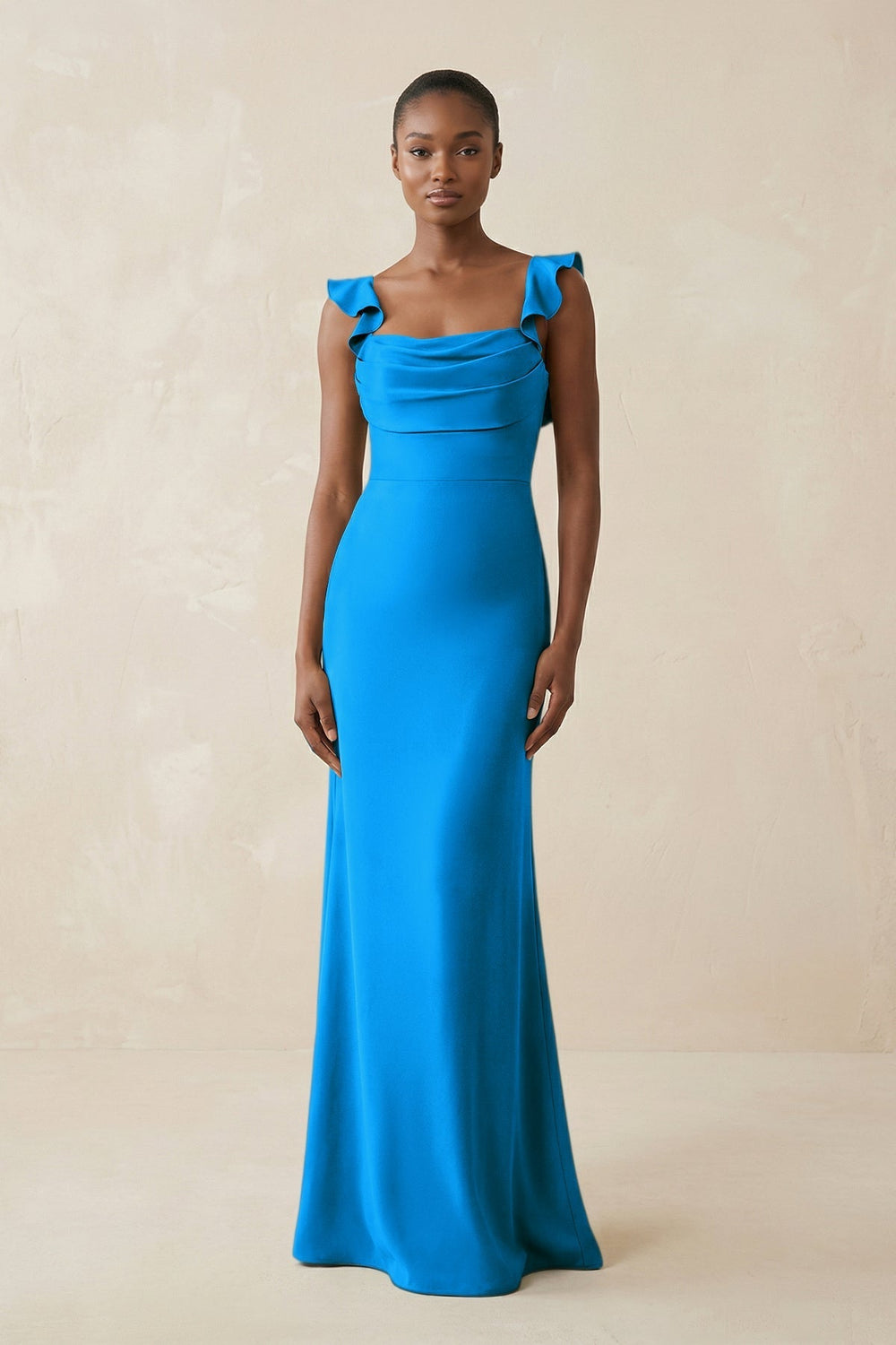 Ruffled Sleeve Sheath Satin Bridesmaid Dress in Blue Jay