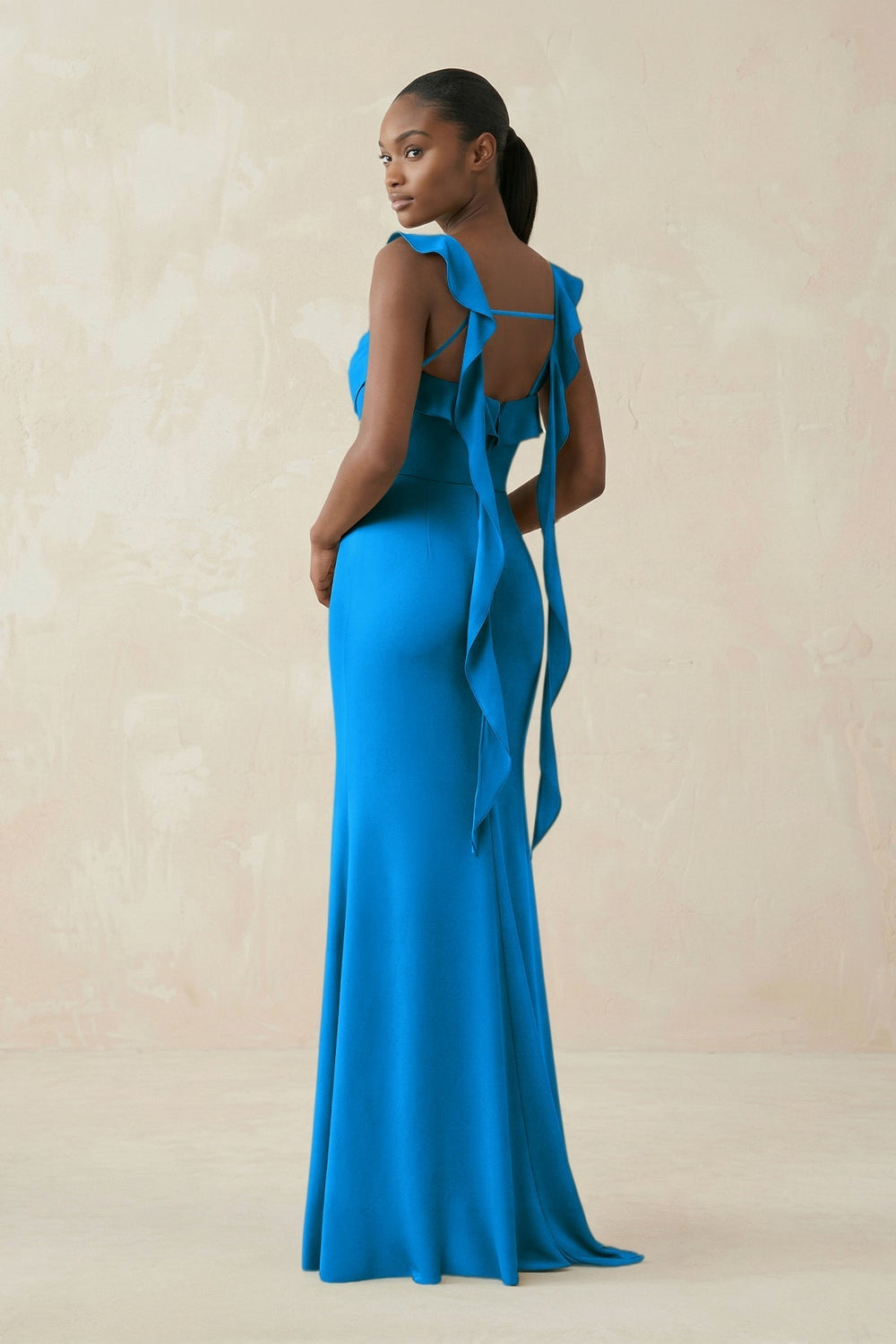 Ruffled Sleeve Sheath Satin Bridesmaid Dress in Blue Jay