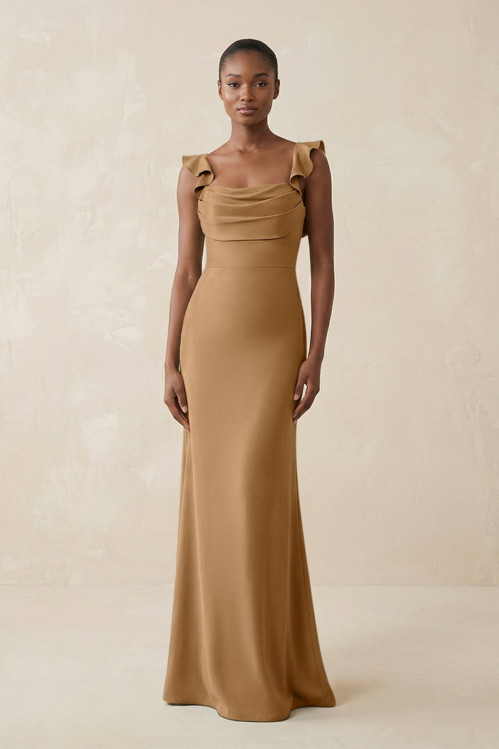Ruffled Sleeve Sheath Satin Bridesmaid Dress in Bronzer