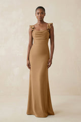 Ruffled Sleeve Sheath Satin Bridesmaid Dress in Bronzer - KISS BRIDAL Bridesmaid Dresses