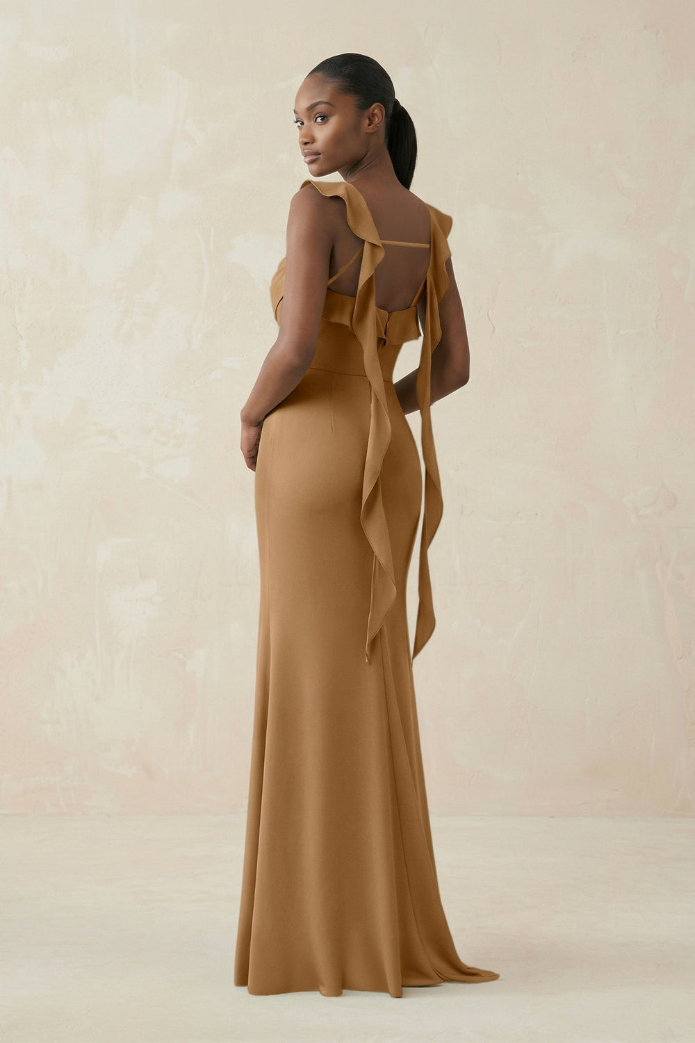 Ruffled Sleeve Sheath Satin Bridesmaid Dress in Bronzer