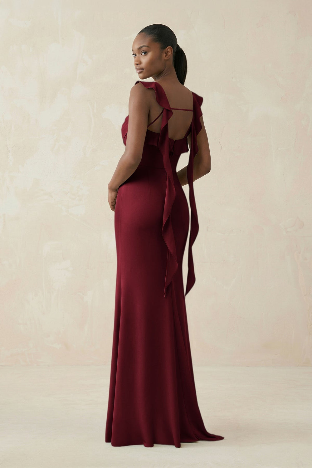 Ruffled Sleeve Sheath Satin Bridesmaid Dress in Burgundy