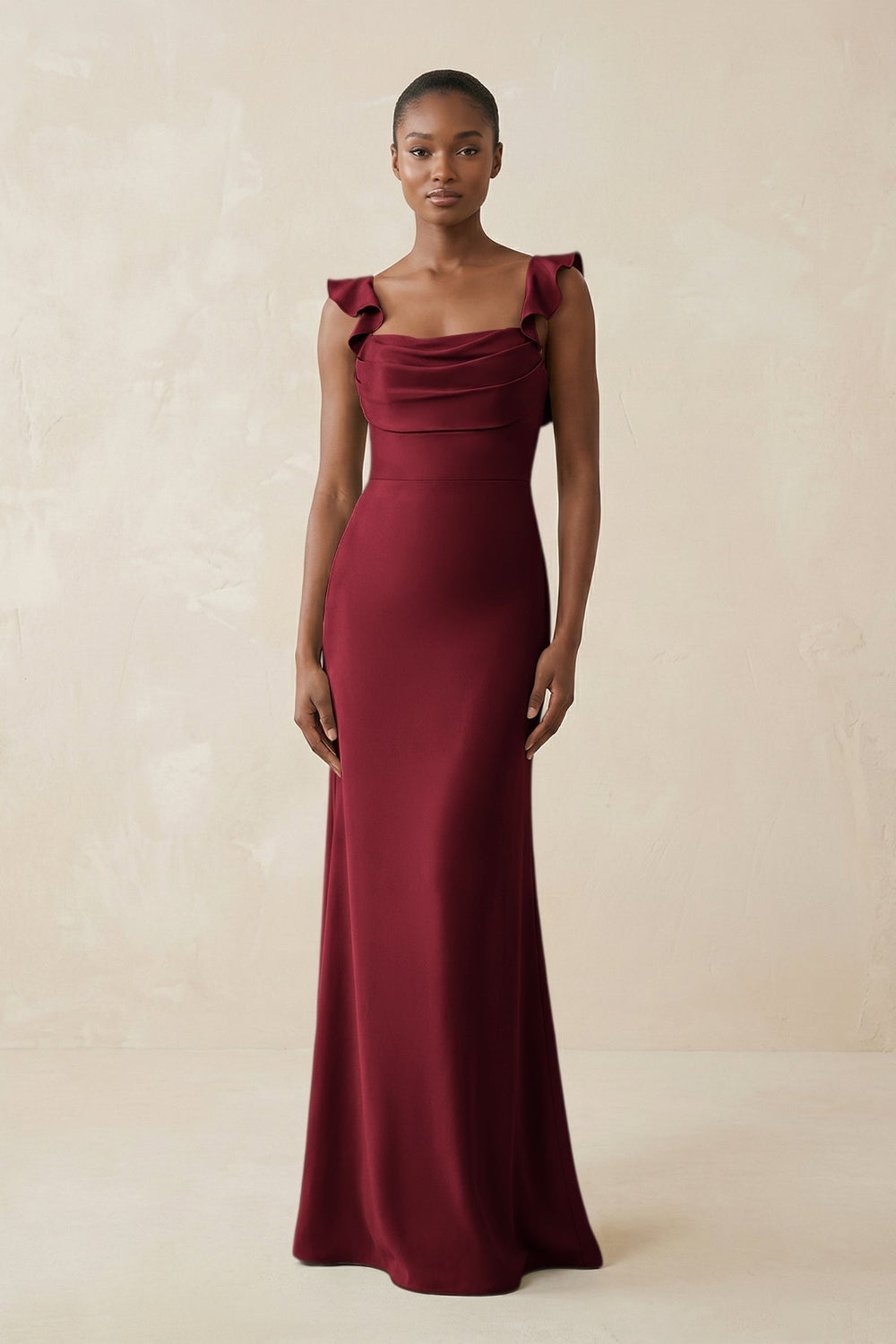 Ruffled Sleeve Sheath Satin Bridesmaid Dress in Burgundy
