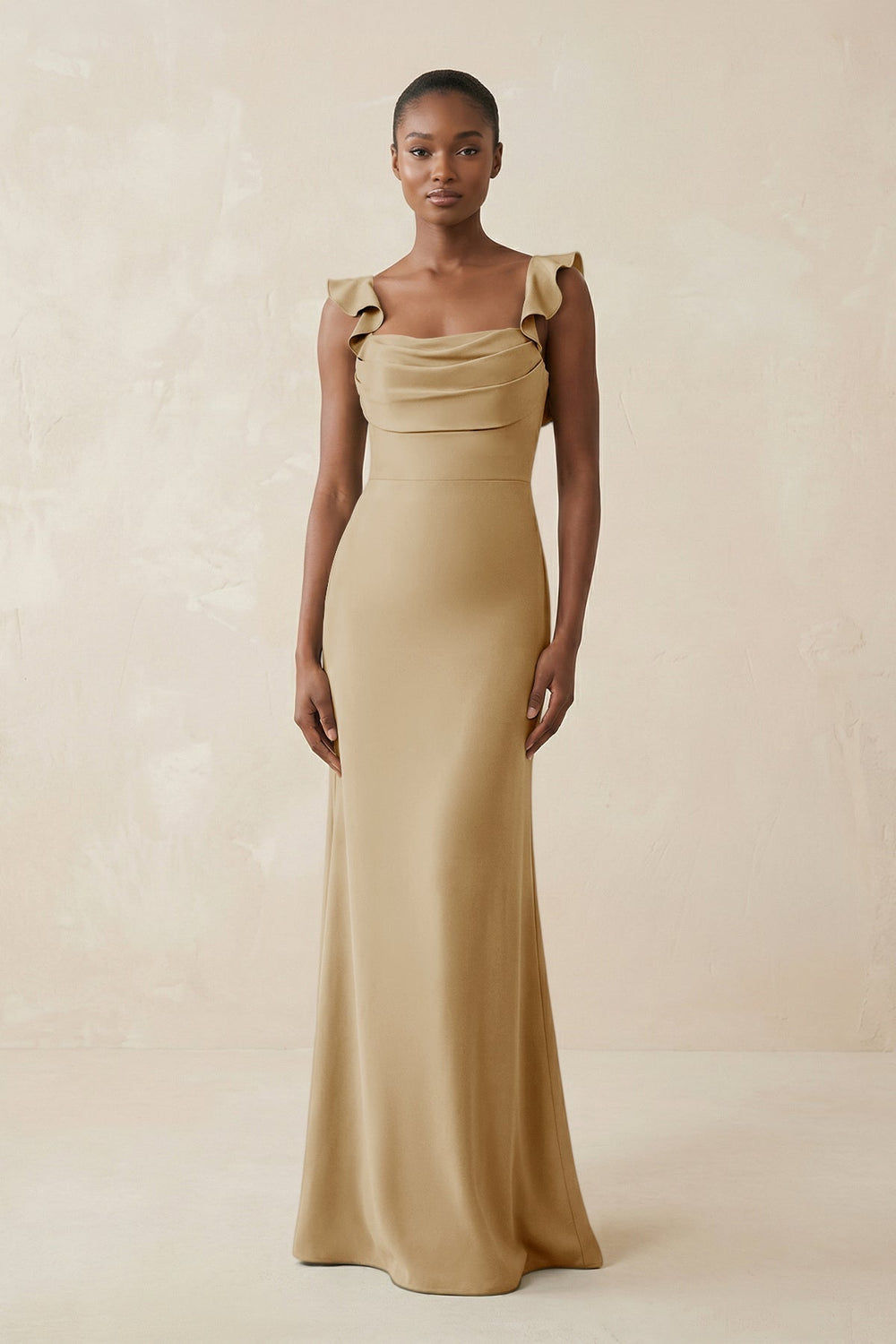 Ruffled Sleeve Sheath Satin Bridesmaid Dress in Champagne