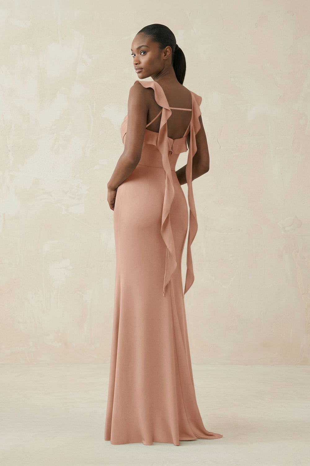 Ruffled Sleeve Sheath Satin Bridesmaid Dress in Champagne Rose