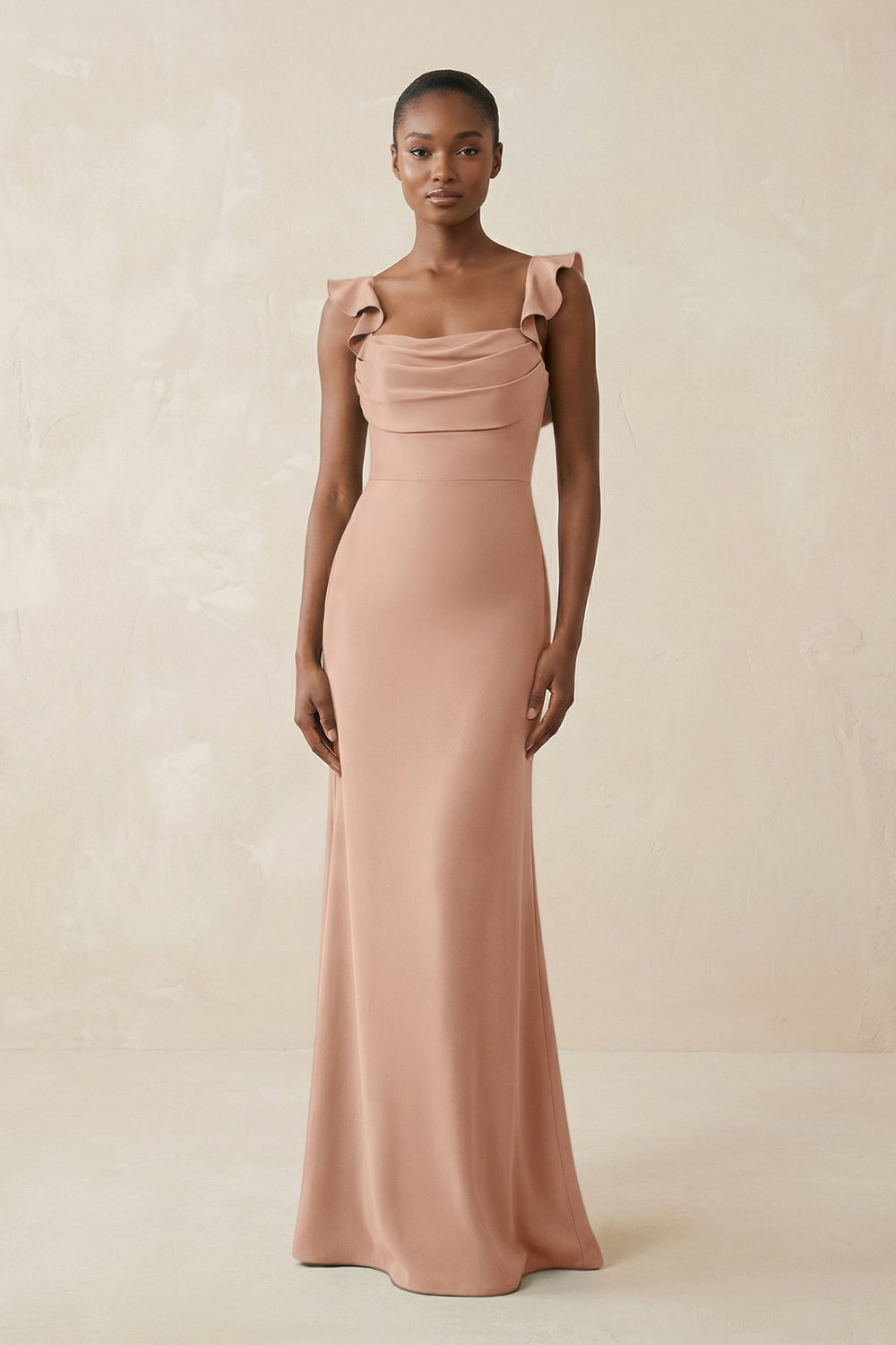 Ruffled Sleeve Sheath Satin Bridesmaid Dress in Champagne Rose