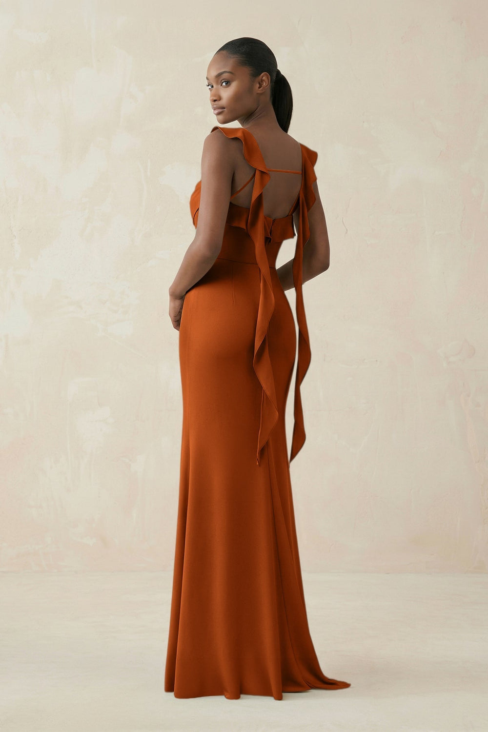 Ruffled Sleeve Sheath Satin Bridesmaid Dress in Cinnamon