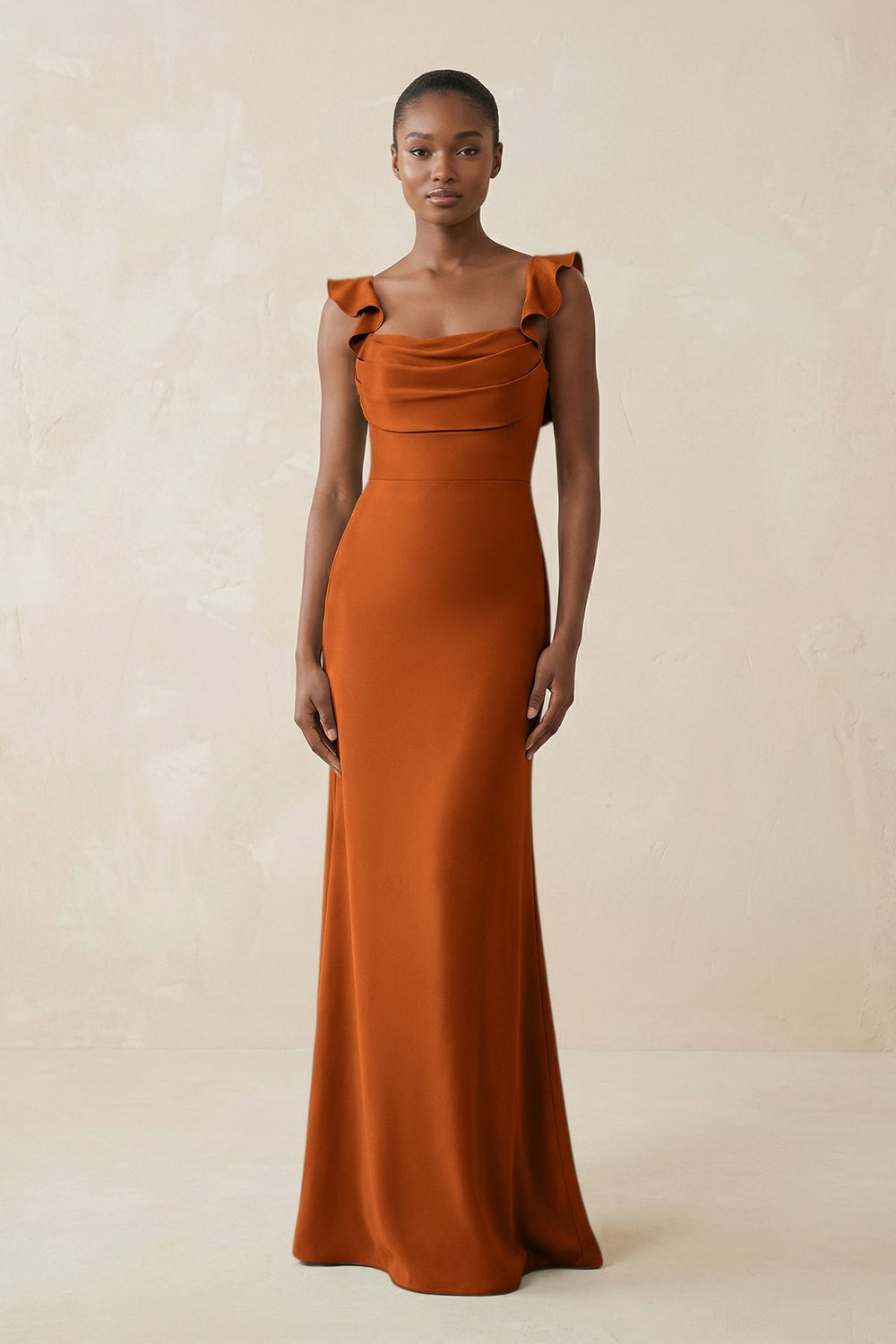 Ruffled Sleeve Sheath Satin Bridesmaid Dress in Cinnamon