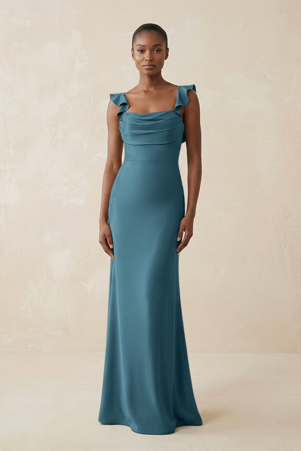 Ruffled Sleeve Sheath Satin Bridesmaid Dress in Dark Teal