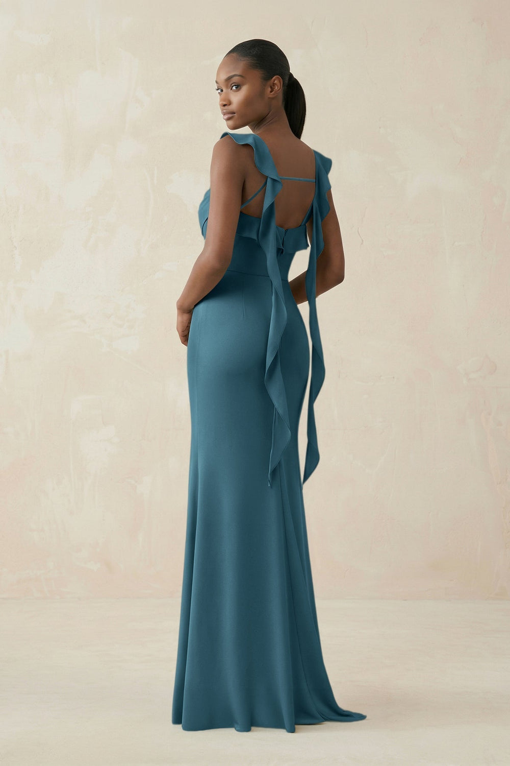 Ruffled Sleeve Sheath Satin Bridesmaid Dress in Dark Teal