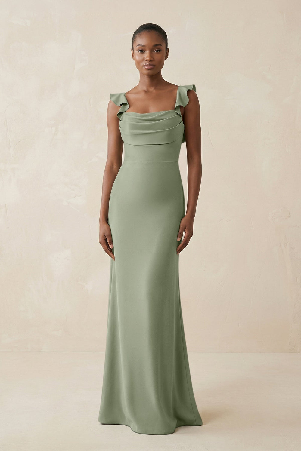 Ruffled Sleeve Sheath Satin Bridesmaid Dress in Dove Gray