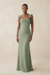 Ruffled Sleeve Sheath Satin Bridesmaid Dress in Dove Gray - KISS BRIDAL Bridesmaid Dresses
