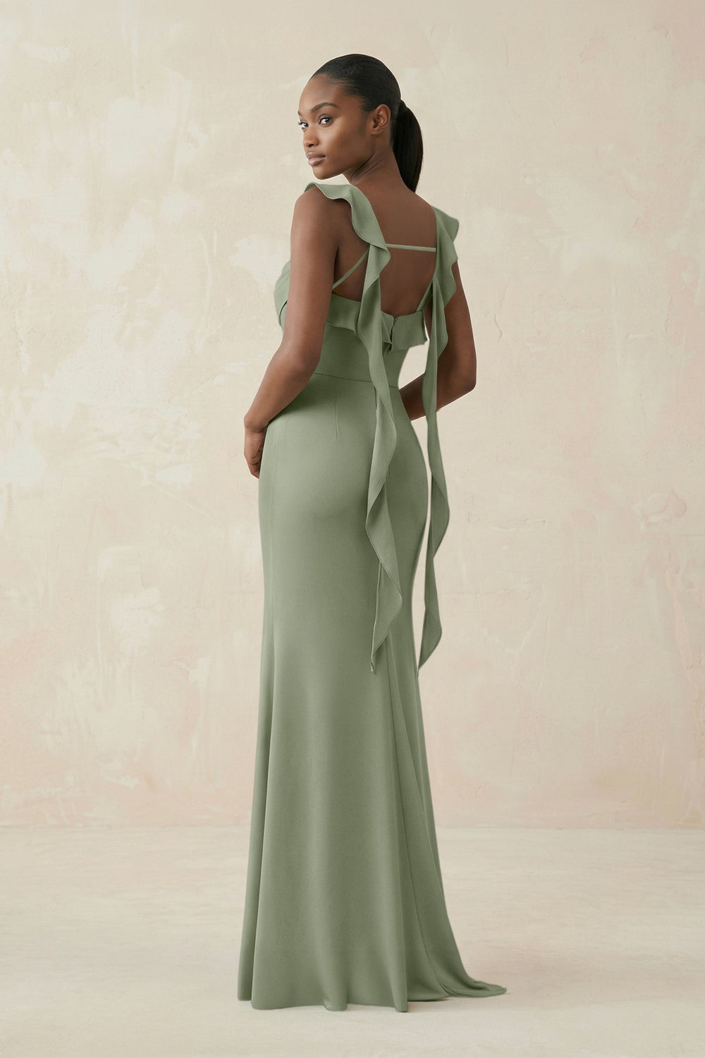 Ruffled Sleeve Sheath Satin Bridesmaid Dress in Dove Gray