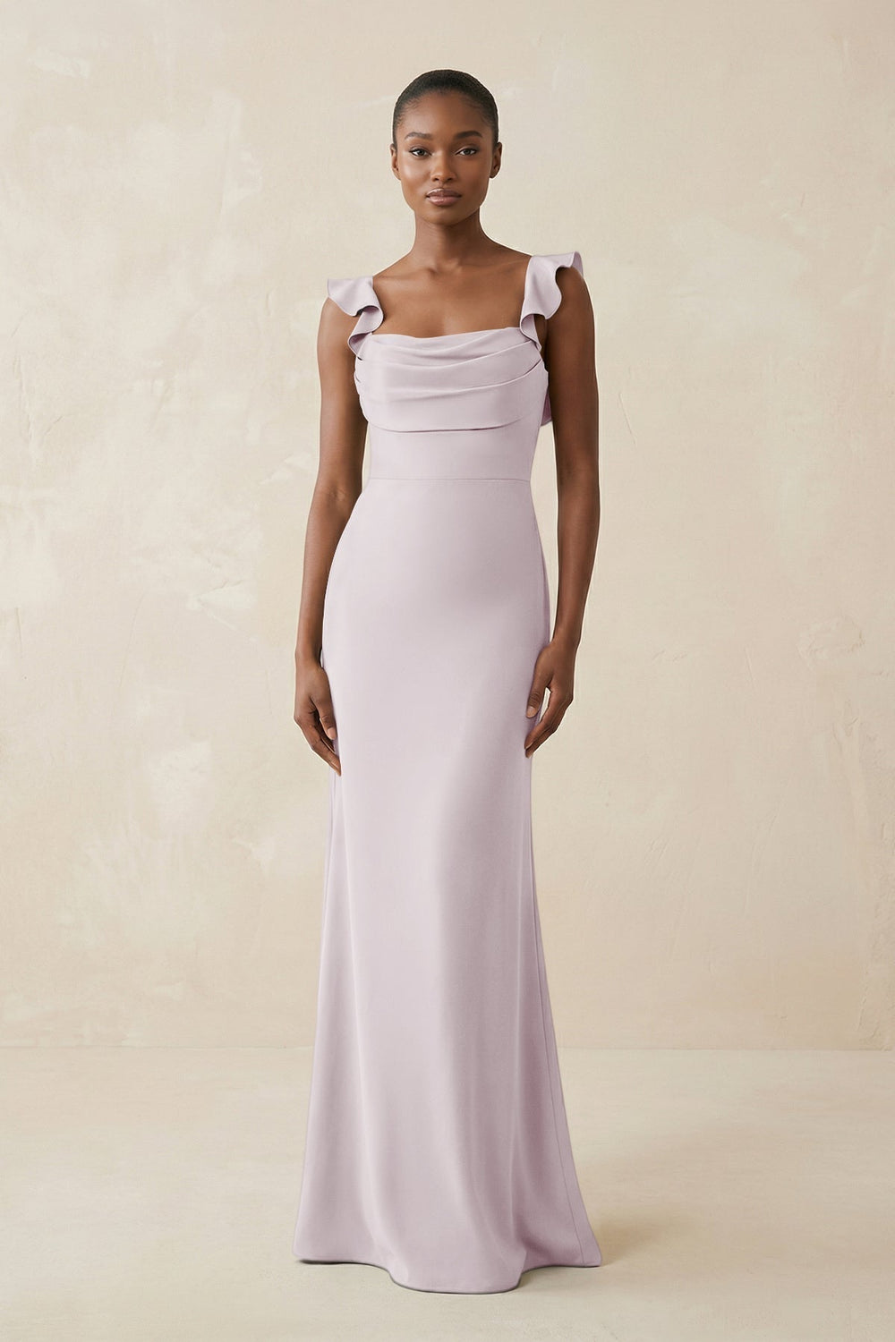 Ruffled Sleeve Sheath Satin Bridesmaid Dress in Dusk