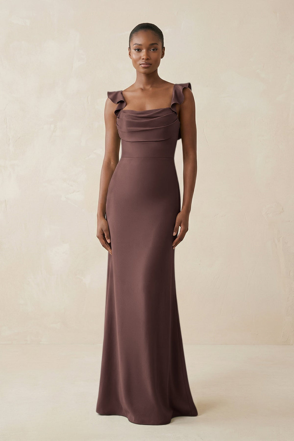 Ruffled Sleeve Sheath Satin Bridesmaid Dress in Espresso