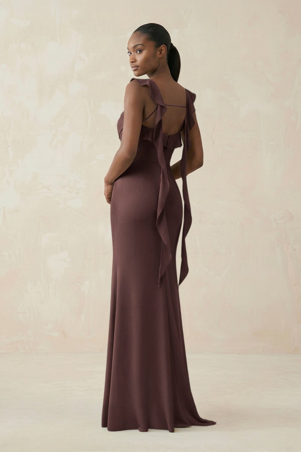 Ruffled Sleeve Sheath Satin Bridesmaid Dress in Espresso