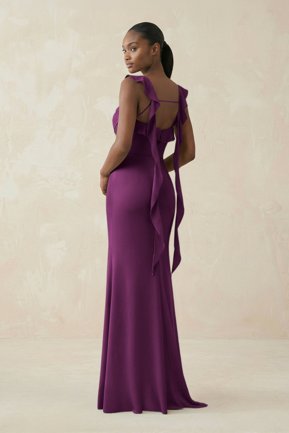 Ruffled Sleeve Sheath Satin Bridesmaid Dress in Fig