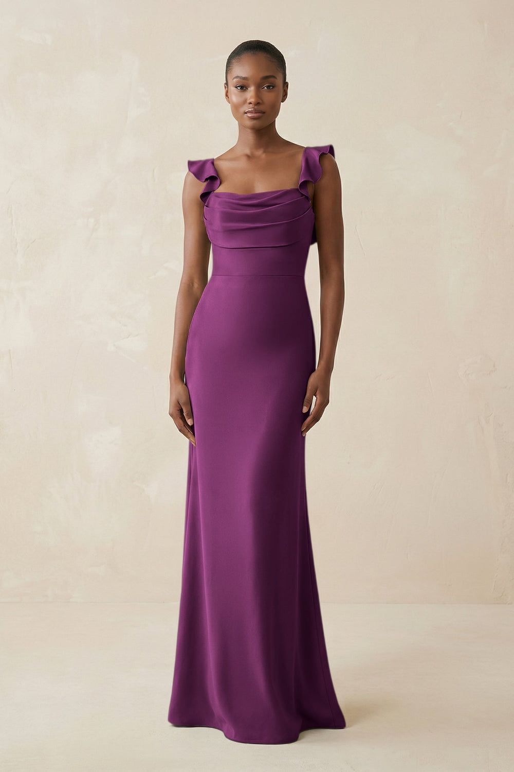 Ruffled Sleeve Sheath Satin Bridesmaid Dress in Fig