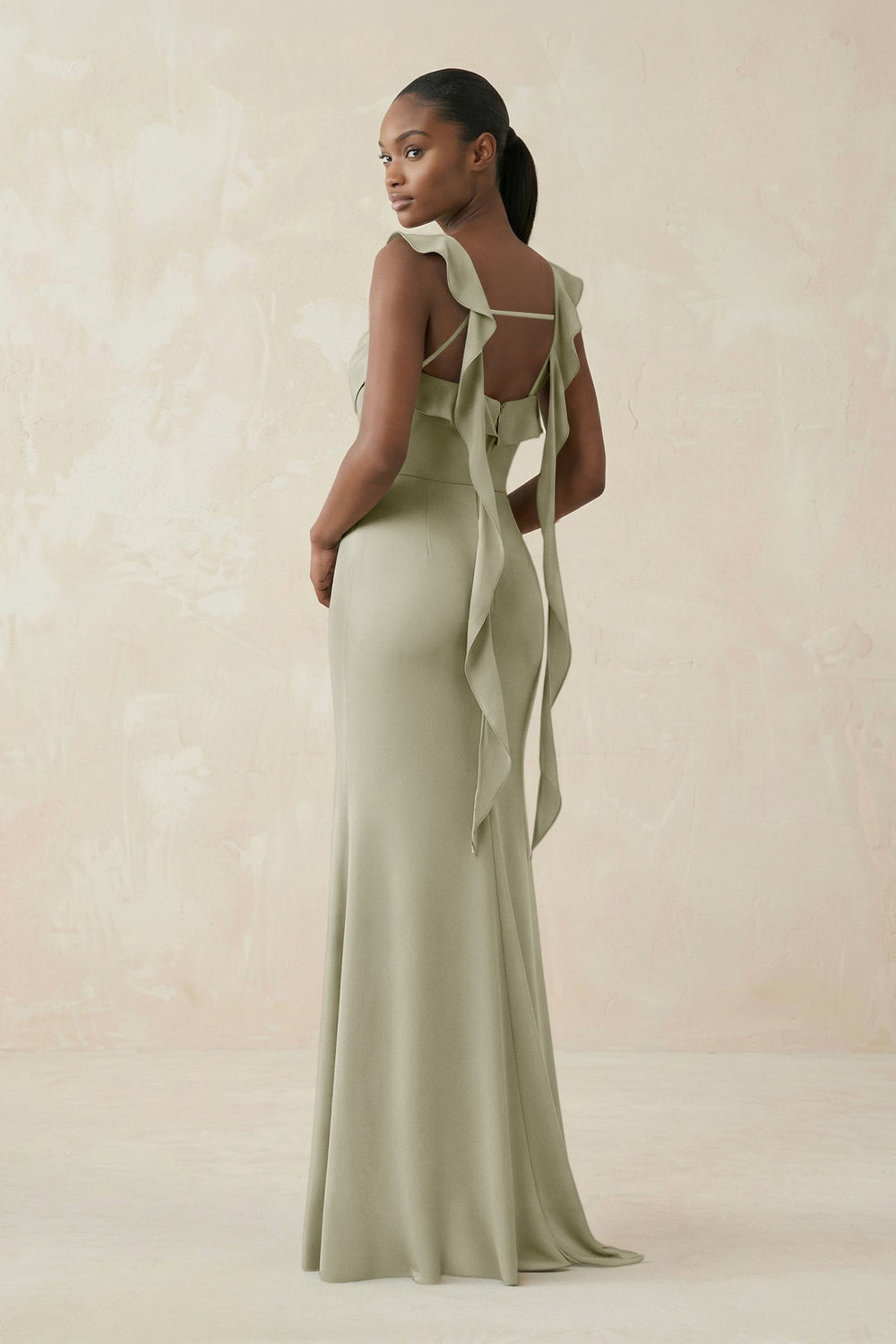 Ruffled Sleeve Sheath Satin Bridesmaid Dress in Frost