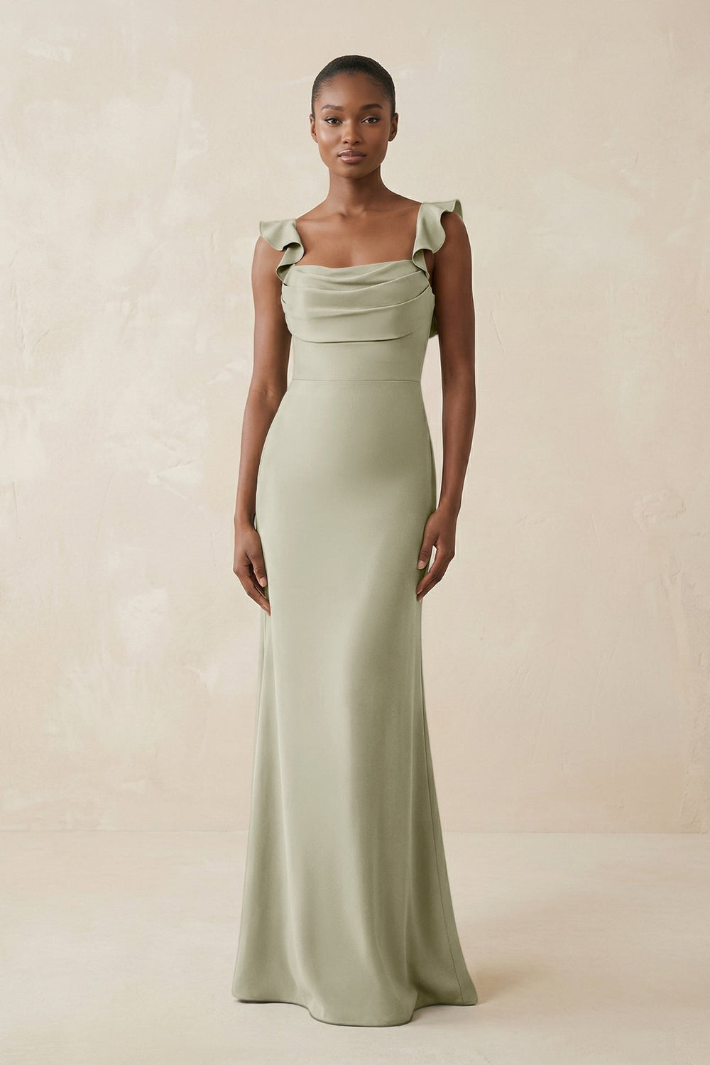 Ruffled Sleeve Sheath Satin Bridesmaid Dress in Frost