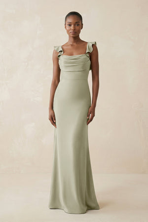 Ruffled Sleeve Sheath Satin Bridesmaid Dress in Frost - KISS BRIDAL Bridesmaid Dresses