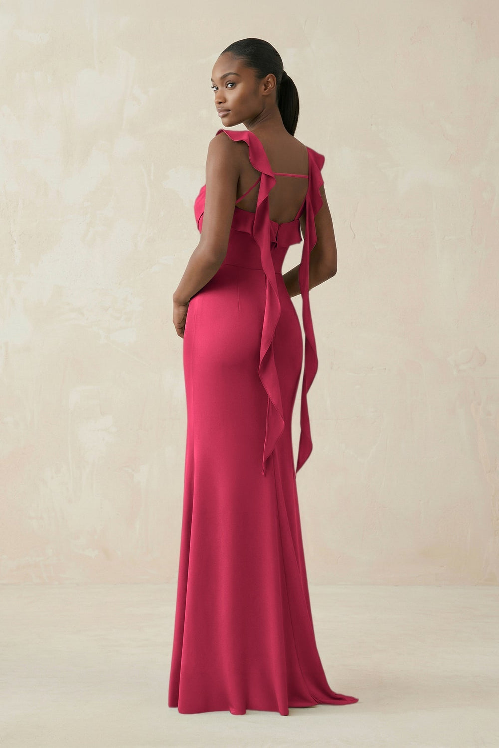 Ruffled Sleeve Sheath Satin Bridesmaid Dress in Fuchsia