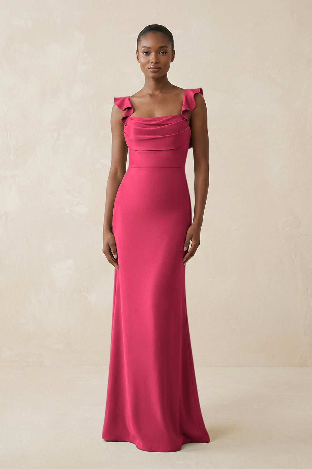 Ruffled Sleeve Sheath Satin Bridesmaid Dress in Fuchsia