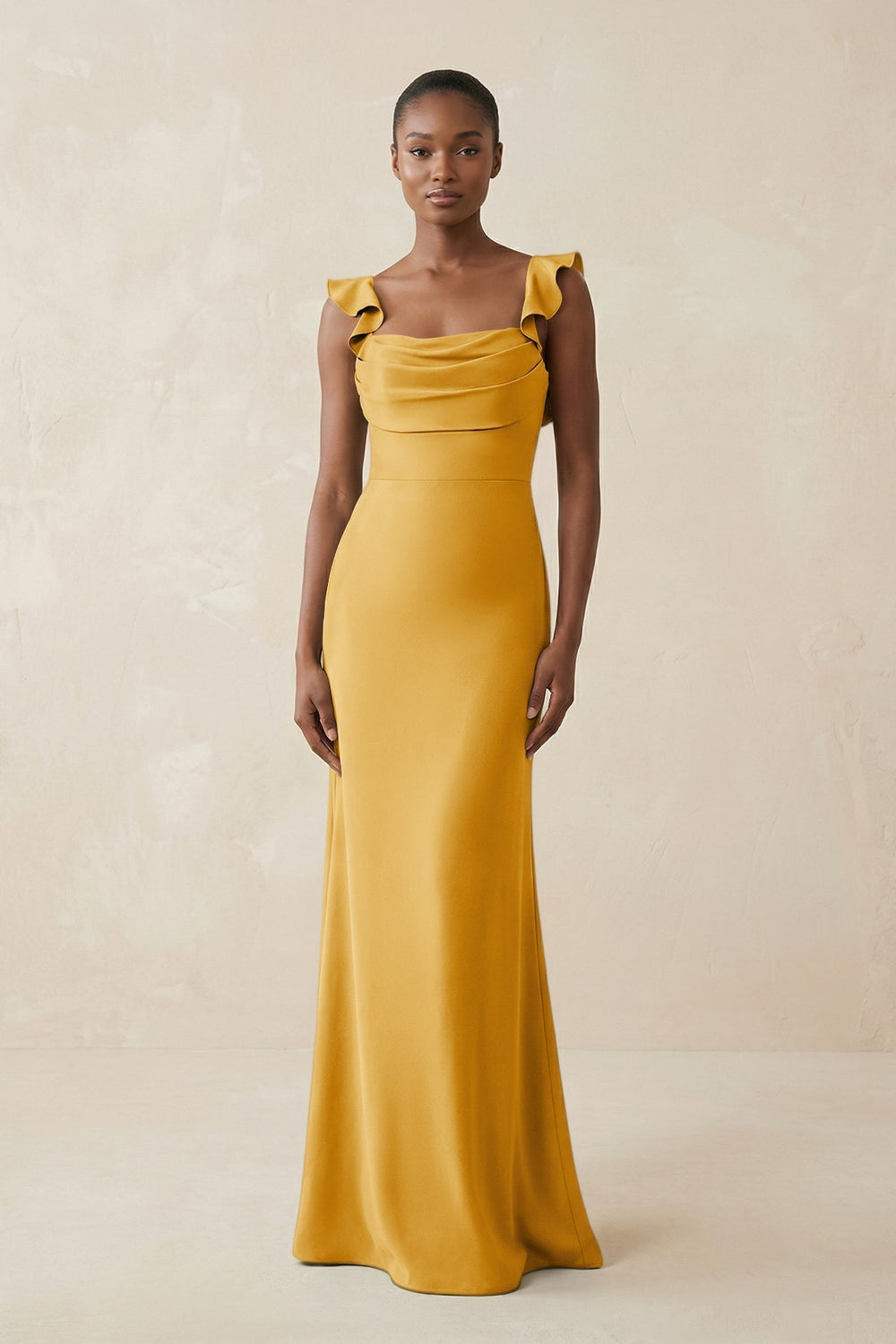 Ruffled Sleeve Sheath Satin Bridesmaid Dress in Gold