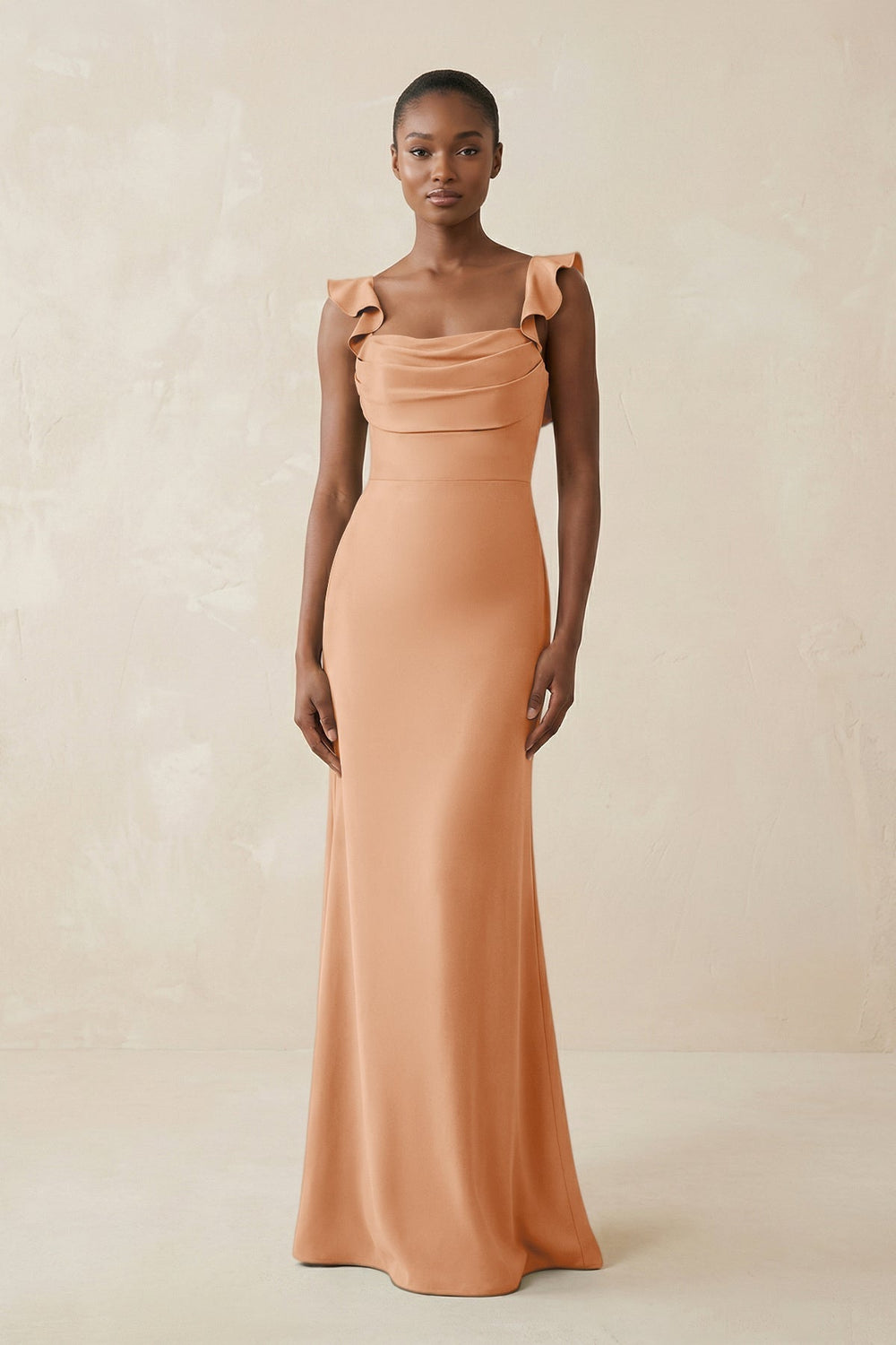 Ruffled Sleeve Sheath Satin Bridesmaid Dress in Golden Champagne
