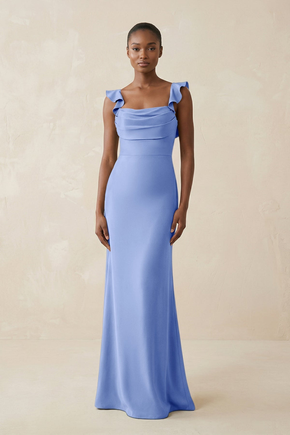 Ruffled Sleeve Sheath Satin Bridesmaid Dress in Ice