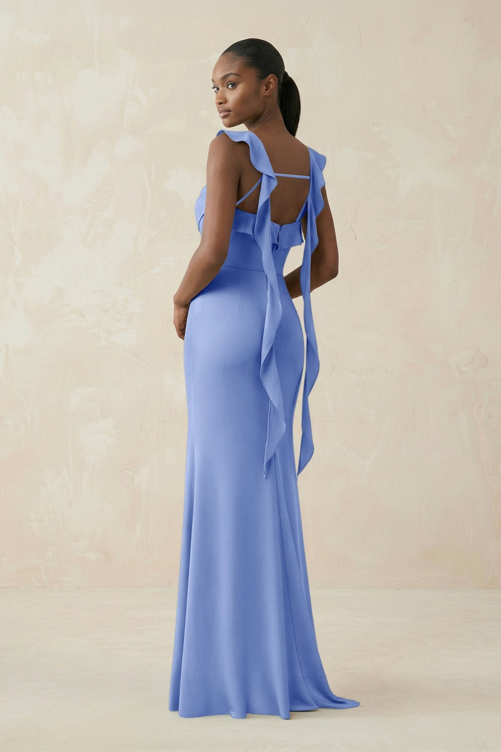 Ruffled Sleeve Sheath Satin Bridesmaid Dress in Ice
