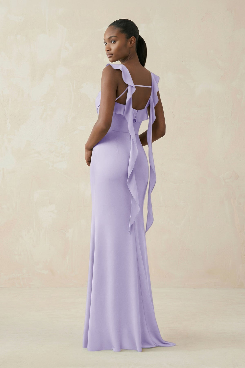 Ruffled Sleeve Sheath Satin Bridesmaid Dress in Lavender