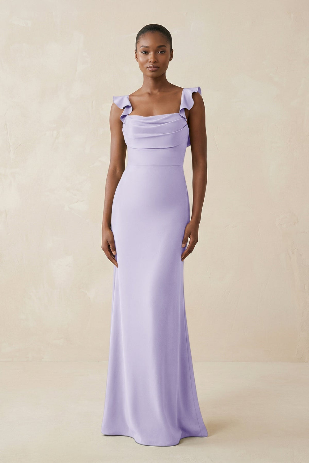 Ruffled Sleeve Sheath Satin Bridesmaid Dress in Lavender