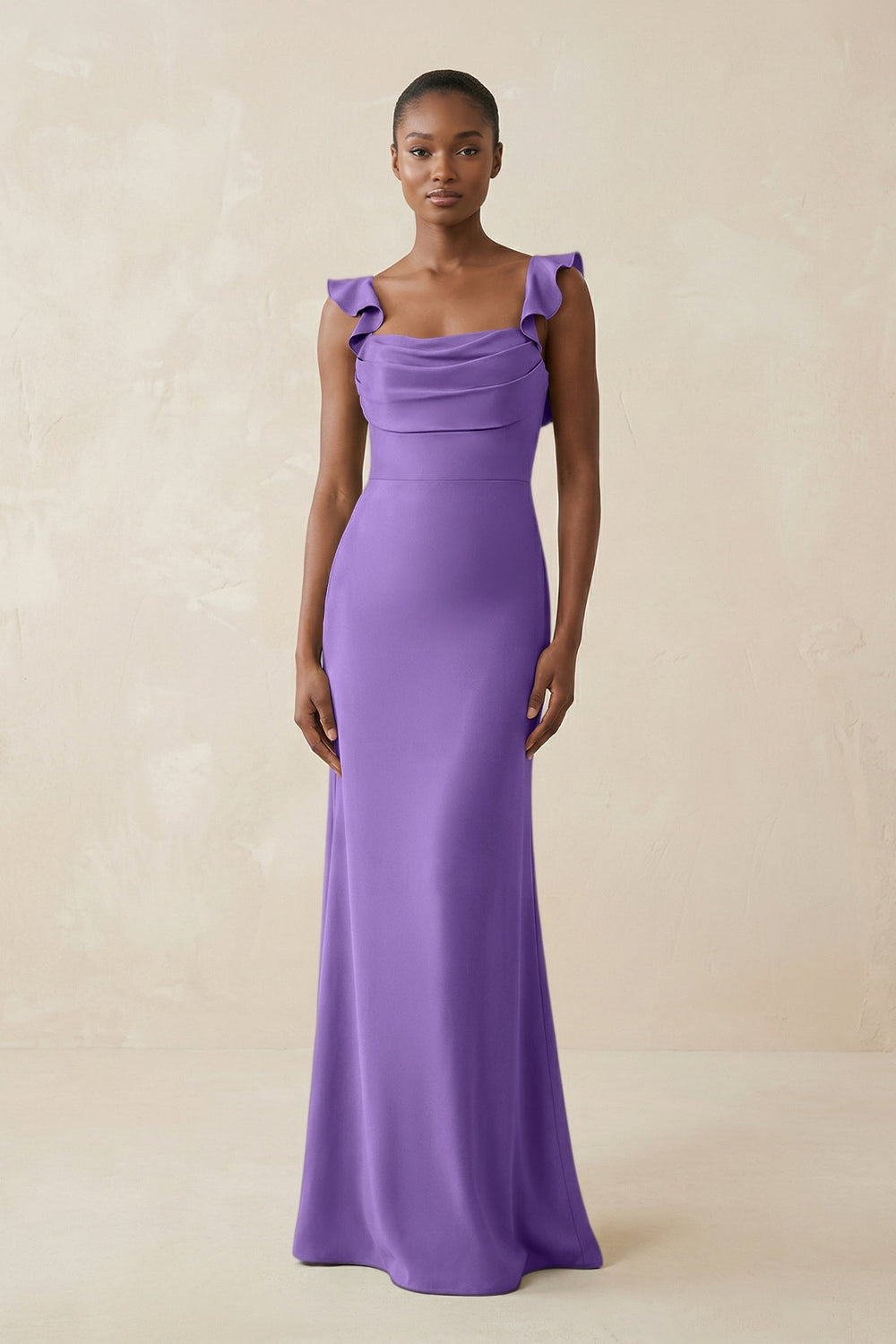 Ruffled Sleeve Sheath Satin Bridesmaid Dress in Lilac