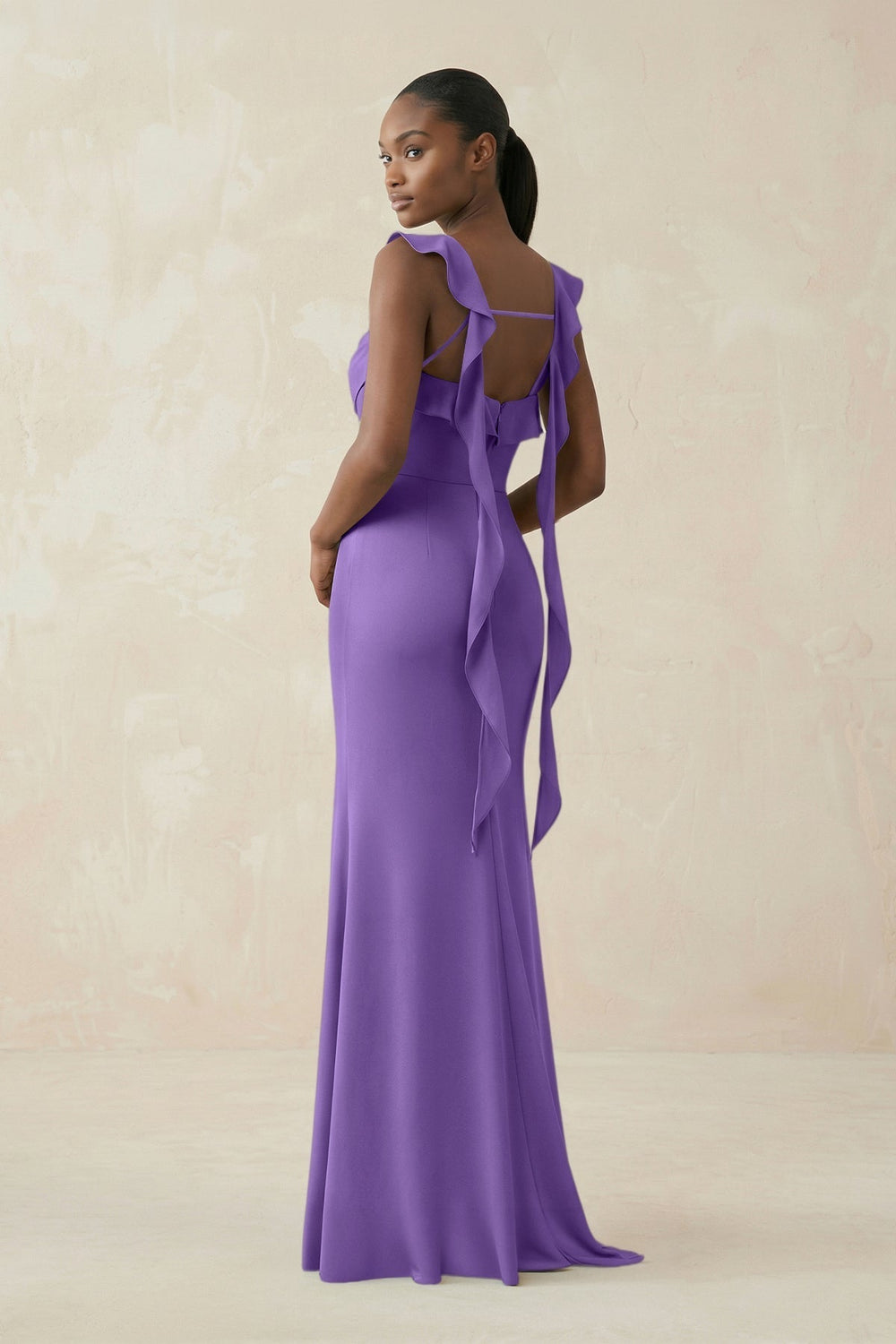 Ruffled Sleeve Sheath Satin Bridesmaid Dress in Lilac