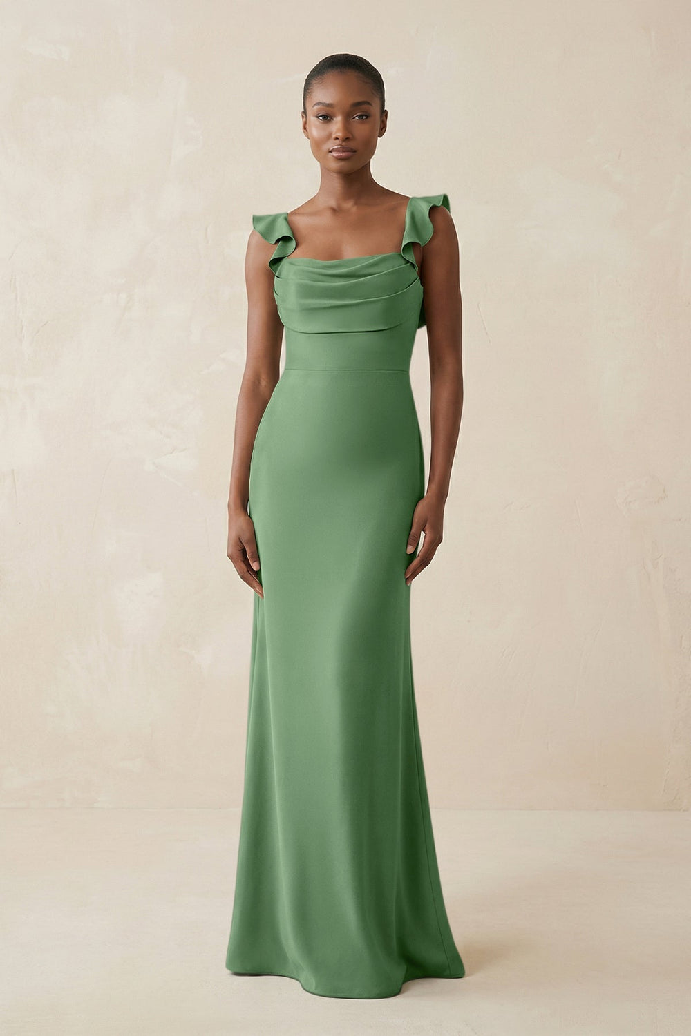 Ruffled Sleeve Sheath Satin Bridesmaid Dress in Matcha